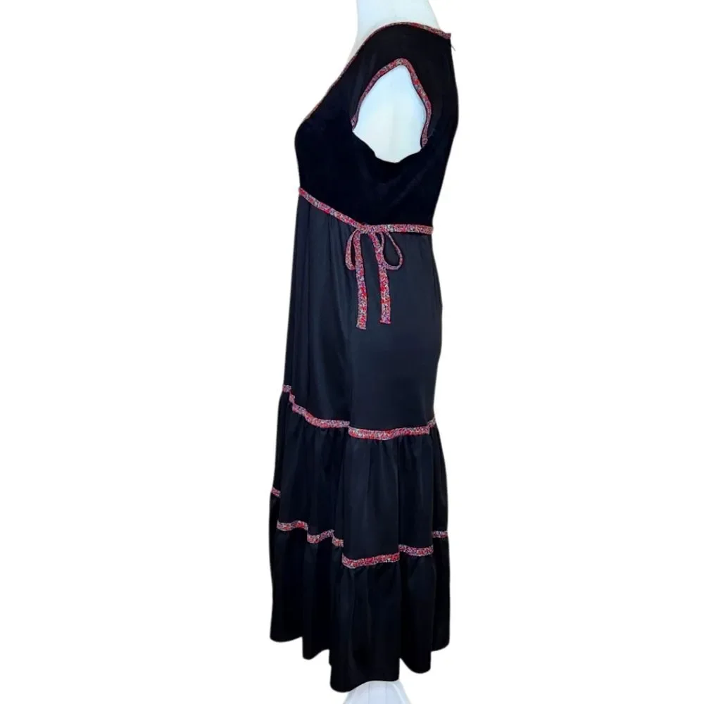 Vintage 70s Jody T California Floral Bib Black Tiered Midi Dress 9 Western Boho